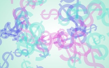 Multicolored translucent dollar signs on white background. Green tones. 3D illustration