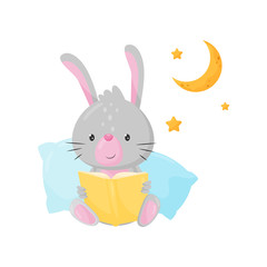 Cute little bunny reading a book at bedtime, lovely animal cartoon character sitting on pillows, good night design element, sweet dreams vector Illustration