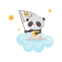 Cute panda bear sitting on a cloud with a net for catching stars, lovely animal cartoon character, good night design element, sweet dreams vector Illustration