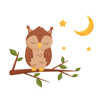 Cute sleeping owlet sitting on a branch, lovely bird cartoon character, good night design element, sweet dreams vector Illustration
