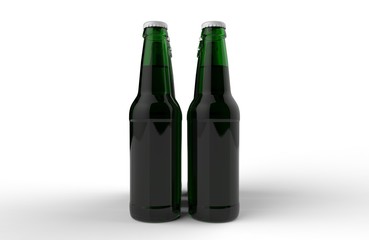 Glass transparent beer bottles mock up on white gray background with shadows and reflections. 3d render
