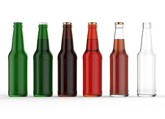 Six isolated different colorful beer bottles with caps on white background with floor reflections. 3d rendering