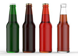Four isolated different colorful beer bottles with caps on white background with floor reflections. 3d rendering