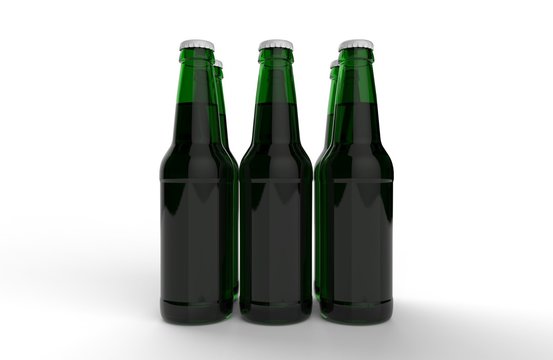 Glass transparent beer bottles mock up on white gray background with shadows and reflections. 3d render