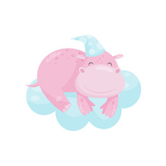 Cute little hippo sleeping on a cloud, lovely animal cartoon character, good night design element, sweet dreams vector Illustration