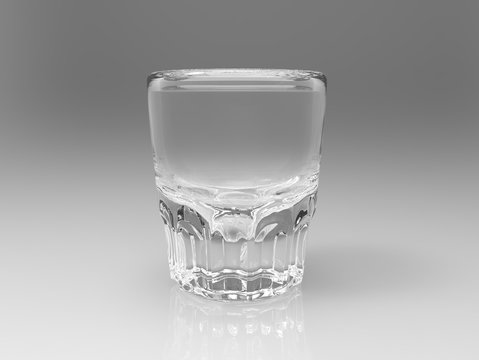 Empty transparent vodka glass on gloss gray background with reflections. Side view. 3D render