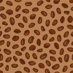 Elegant seamless pattern with roasted coffee seeds or beans scattered on brown background. Realistic hand drawn vector illustration in vintage style for textile print, wrapping paper, wallpaper.