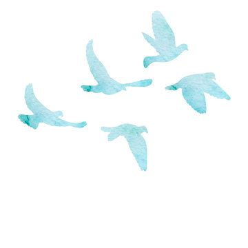 flock of flying birds, watercolor blue silhouette