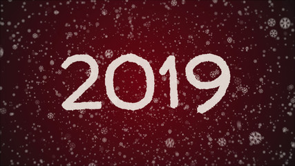 Greeting card Happy New Year 2019, falling snow, white letters, redbackground