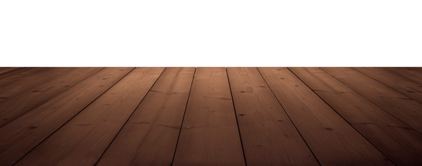 dark brown wooden planks as a table or floor in perspective, isolated on white