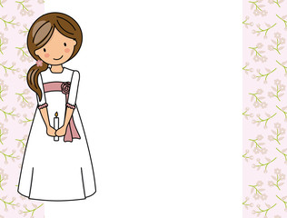 my first communion girl. Little girl in a communion dress, a candle and flower background. 