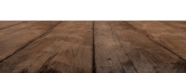 dark rustic wooden planks as a table or floor in perspective, isolated on white
