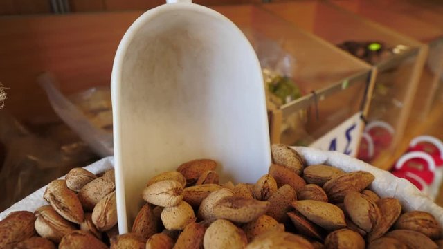 Almond nut sold in farm market. Fresh almonds in nutshell