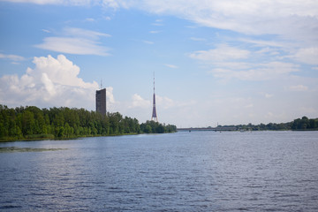 Fototapeta na wymiar Riga, TV tower, view from the water