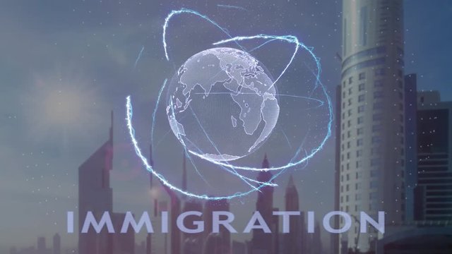 Immigration text with 3d hologram of the planet Earth against the backdrop of the modern metropolis. Futuristic animation concept