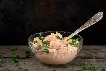 Vegetable pate made from mushrooms and other vegetables in bowl with spoon