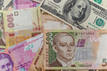 Multicurrency background of the us dollars, russian rubles and ukrainian hryvnias