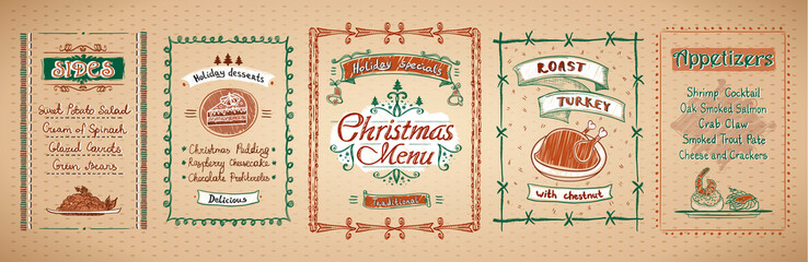 Christmas menu designs set. Vector hand drawn illustration with holidays menu