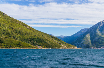 Fototapeta na wymiar Beautiful view of the water, the Montenegrin landscape. Summer panoramic view of the Kotor Bay. September2018