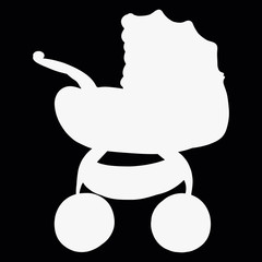 White silhouette of a baby carriage on a black background