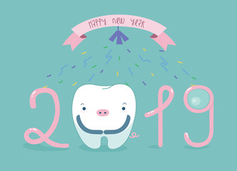 Happy new year 2019 of dental, pig's tooth,Single white tooth, healthy tooth, oral hygiene, vector modern flat cartoon character illustrator, blue background for care kid dentistry and dental concept.