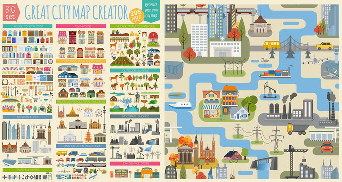 Great city map creator.Seamless pattern map and  Houses, infrastructure, industrial, transport, village and countryside set. Make your perfect city