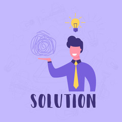 Businessman holds in his hand a tangled tangle. The symbol of an unresolved problem or task. Problem Solving Concept. There is an idea how to solve.