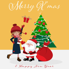 Santa Claus with red bag and a cute girl with gift box and Christmas tree on a yellow background with Merry Xmas and Happy New Year text. Vector illustration.