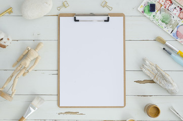 Art frame with clipboard mock up. Space for text, art work, lettering. Flat lay, top view. Cosy,...