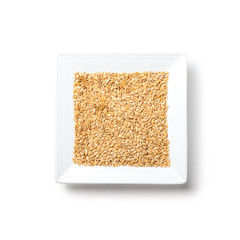 white flax seeds on a plate on white background with shadow isolated