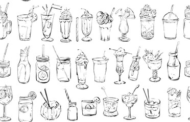 Hand drawn vector abstract ink graphic  textured sketch drawing seamless pattern with big collection of cocktails and dessert drinks isolated on white background