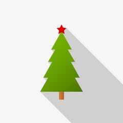 Green Christmas tree icon with a red star and long shadow on white background. Vector Illustration EPS 10