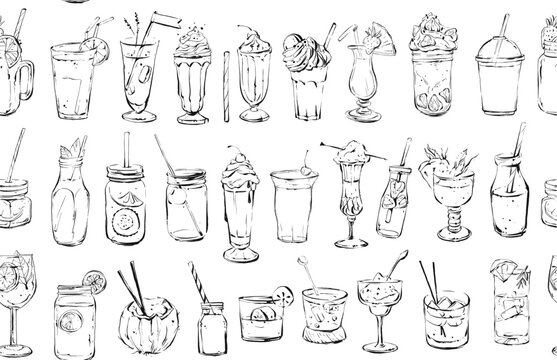 Hand drawn vector abstract ink graphic  textured sketch drawing seamless pattern with big collection of cocktails and dessert drinks isolated on white background