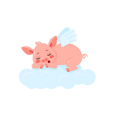 Cute little pig with wings sleeping on the cloude. Vector illustration isolated on white background