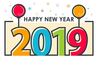 2019 Happy new year simple and minimalistic Greeting Card, Vector illustration Isolated flat design outline