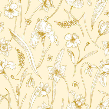 Monochrome seamless pattern with spring tender blooming flowers drawn with outlines on yellow background