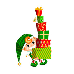 Fototapeta premium Happy Christmas elf with pile of gift boxes. Vector illustration isolated on white background