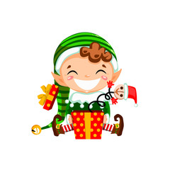 Christmas elf laughing and surprised by jack in the box. Vector illustration isolated on white background