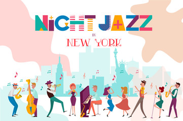 Jazz concert or festival poster template with New York landscape and characters playing musical instruments. Editable vector illustration