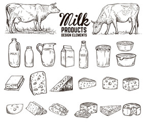 Set of hand drawn milk products design elements. butter, cheese, sour cream, yogurt, cows. For package, poster, sign, banner, flyer.