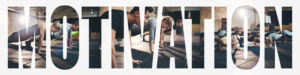 Collage of people doing pushups together on a gym floor