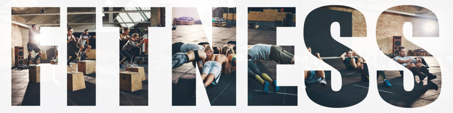 Collage of fit people exercising together during a gym session