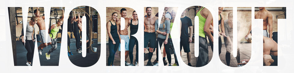 Collage of smiling people working out together in a gym
