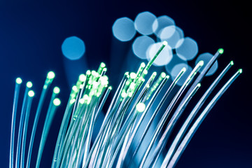 Bundle of optical fibers with lights in the ends. Blue background.