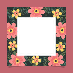Floral greeting card and invitation template for wedding or birthday anniversary, Vector square shape of text box label and frame, Colorful cosmos flowers wreath ivy style with branch and leaves.