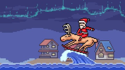 animation pixel art santa surf board cartoon scene - Powered by Adobe