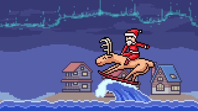 animation pixel art santa surf board cartoon scene