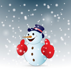 Positive cartoon snowman with snow. Vector illustration.