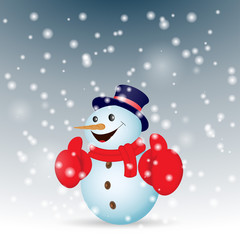 Positive snowman with snow. Vector illustration.