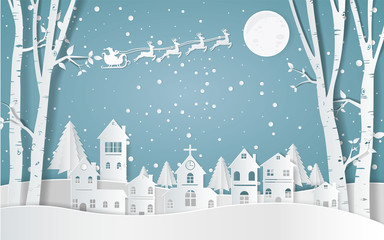 Santa Claus Driving in a Sledge ,winter with homes and snowy paper art . beautiful scenery in the  design  vector